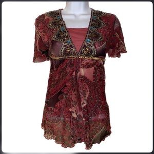 Embellished V-Neck Paisley Y2K Top - Red Brown